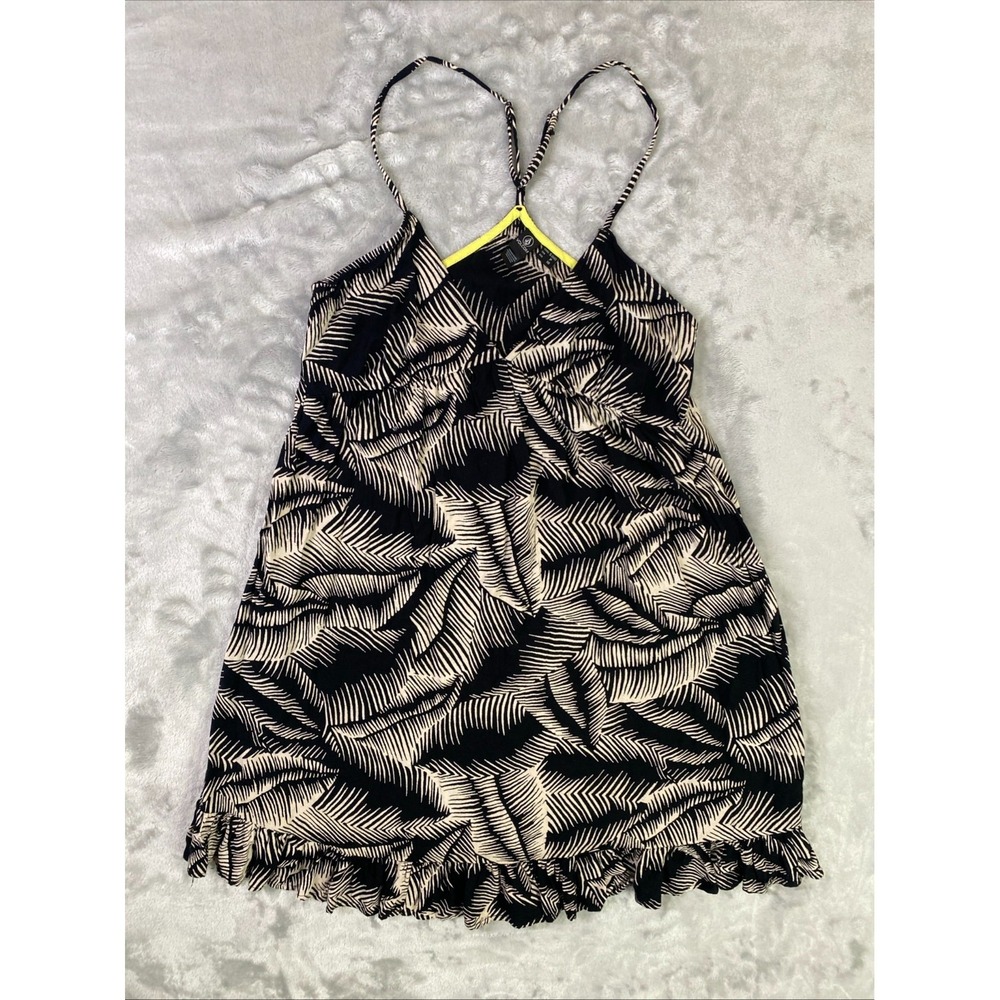 Volcom Mini Dress‎ Womens Small Black White Palm Leaf Ruffle Hem Vacation Beach